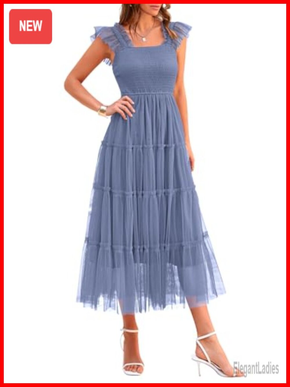 Women's Smocked Midi Tulle Dress Sleeveless Fit & Flare Square Neck